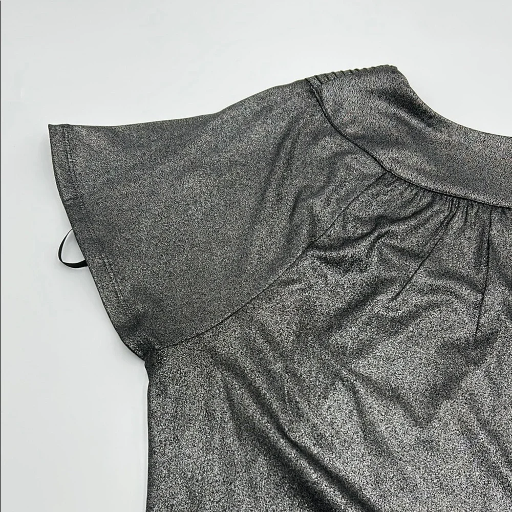 Dana Buchman Flutter Sleeve Blouse Large Gray Shimmer Pleated Nech Relaxed Fit